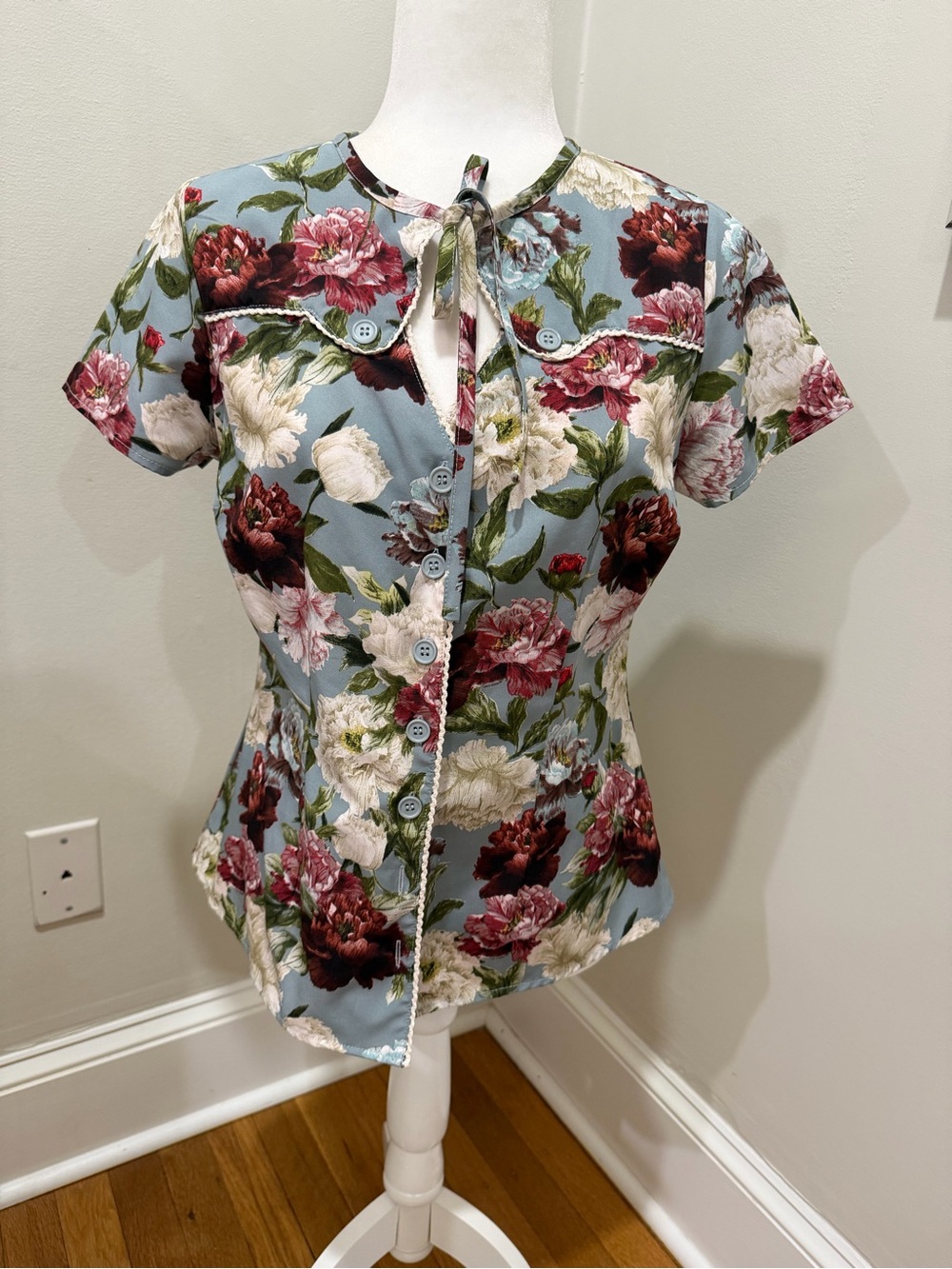 Unique Vintage Floral Tie-Neck Blouse in Light Blue and Burgundy